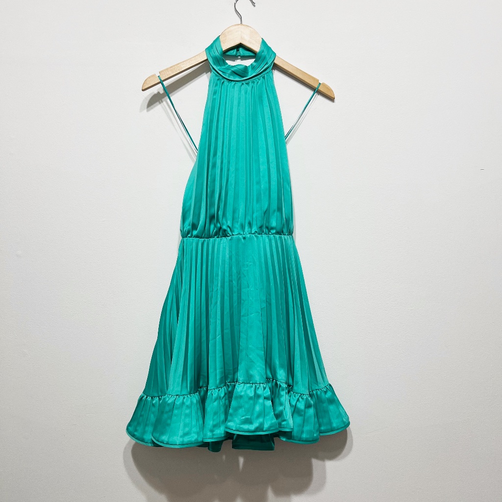 New Amur Amiri Pleated Satin Halter Neck Sleeveless Ruffle Mini Dress Atlantis 4